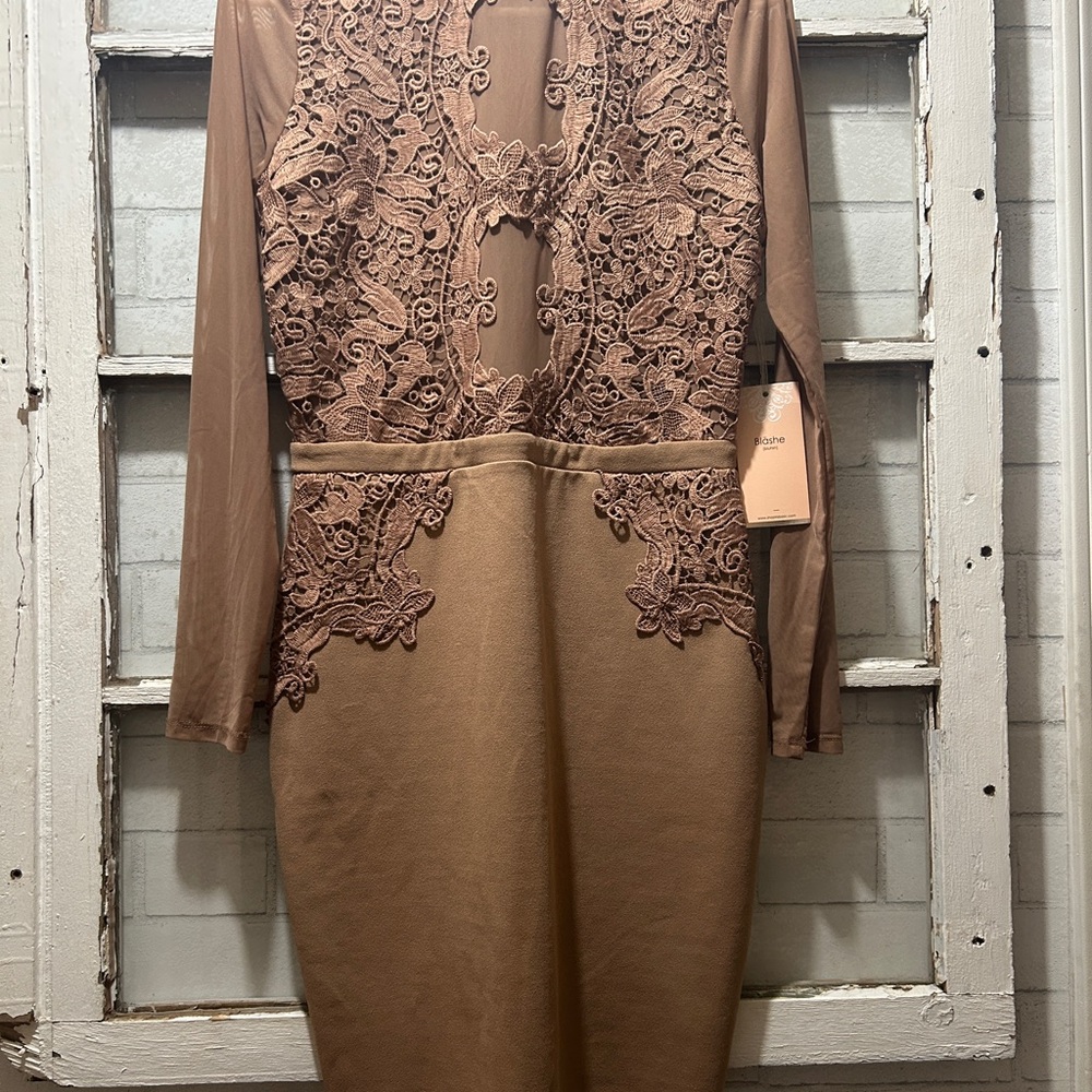 NWT Blāshe Tan Lace Mesh Long Sleeve Bodycon Mini Dress - Size M